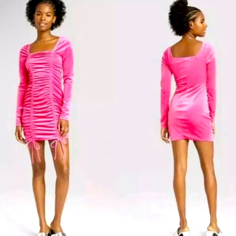 2000s Y2K Style HOT PINK Velvet Bodycon Dress RUCHED shirring Wild Fable Medium